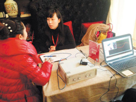 Woman participating in a blind date polygraph test